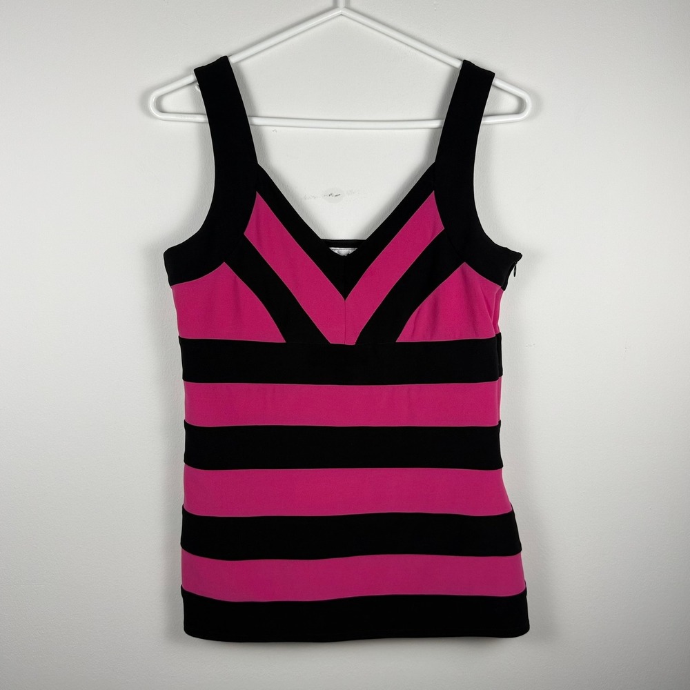 Joseph Ribkoff Pink Black Striped V-Neck Sleeveless Top Side Zip MADE IN CANADA